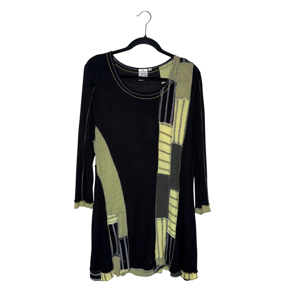 Parsley & Sage Womens Medium Black Lime Green Patchwork Rayon Tunic Top Boho Art
